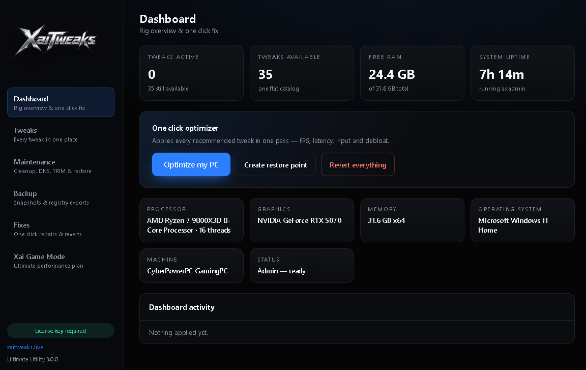 XaiTweaks desktop app dashboard showing rig overview and one-click optimizer